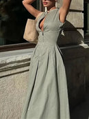 MUJER Zipper Long Dress Woman Pleated Sleeveless Bodycon Dress Summer Elegant Party Dresses For Women 2025 New Midi Dresses