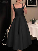 ZANZEA Women Sleeveless Tank Dress Vintage Solid A-line Dresses 2024 Summer Holiday Waisted Robe Casual Square Collar Midi Robe