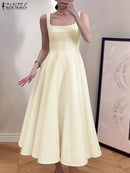 ZANZEA Women Sleeveless Tank Dress Vintage Solid A-line Dresses 2024 Summer Holiday Waisted Robe Casual Square Collar Midi Robe