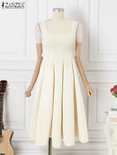 ZANZEA Women Sleeveless Tank Dress Vintage Solid A-line Dresses 2024 Summer Holiday Waisted Robe Casual Square Collar Midi Robe