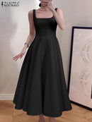 ZANZEA Women Sleeveless Tank Dress Vintage Solid A-line Dresses 2024 Summer Holiday Waisted Robe Casual Square Collar Midi Robe