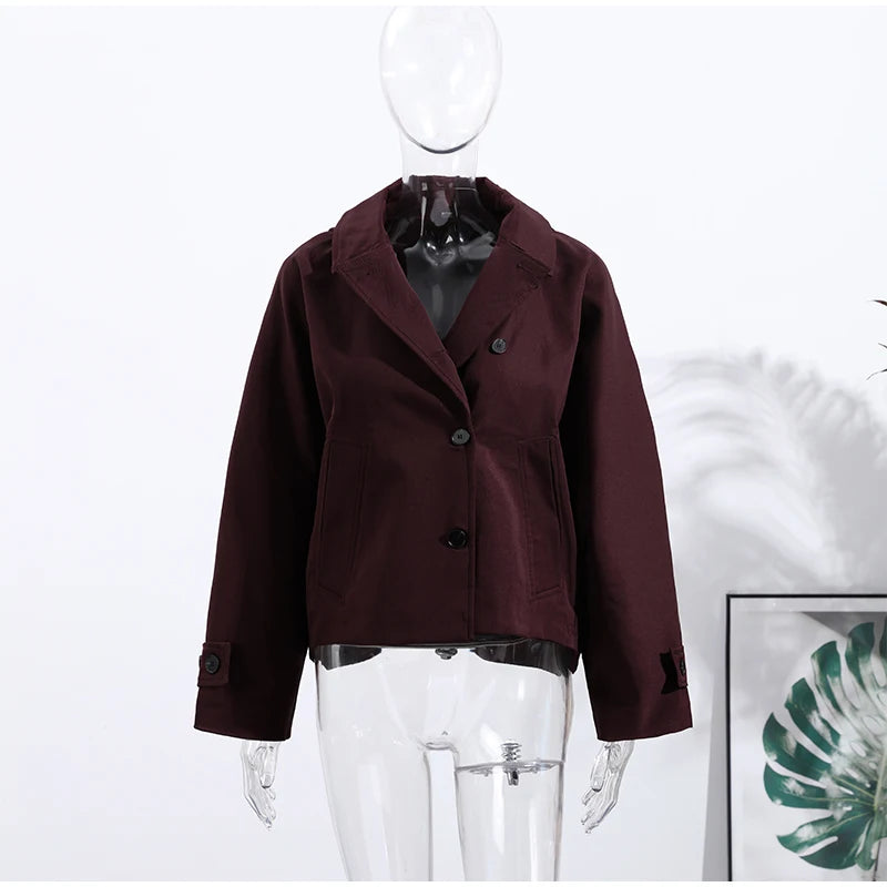 Women's Casual Hooded Short Trench Coat Lapel Single-Breasted Full Sleeve Loose Jacket Autumn 2025 Street All-match Outerwear