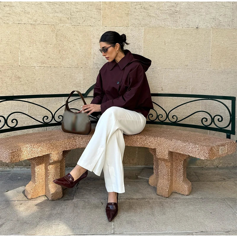 Women's Casual Hooded Short Trench Coat Lapel Single-Breasted Full Sleeve Loose Jacket Autumn 2025 Street All-match Outerwear