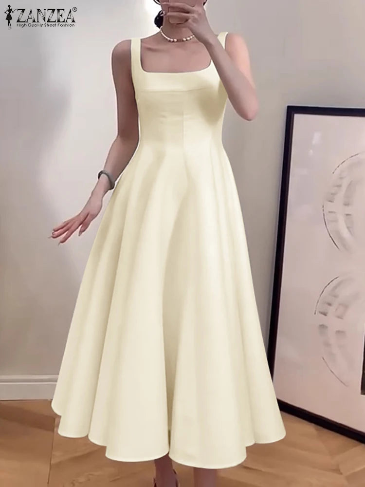 ZANZEA Women Sleeveless Tank Dress Vintage Solid A-line Dresses 2024 Summer Holiday Waisted Robe Casual Square Collar Midi Robe