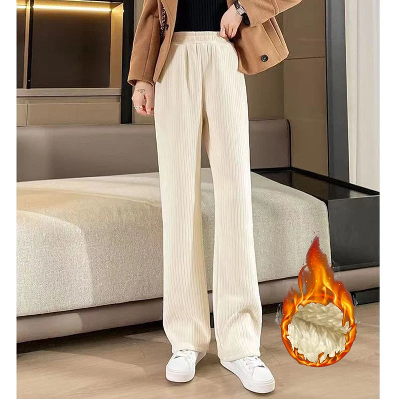 Winter Female Classic Designer Pants Girls Fleece Thermal High Waist Pants Lady Korean Snow Warm Straight Leg Plush Trousers