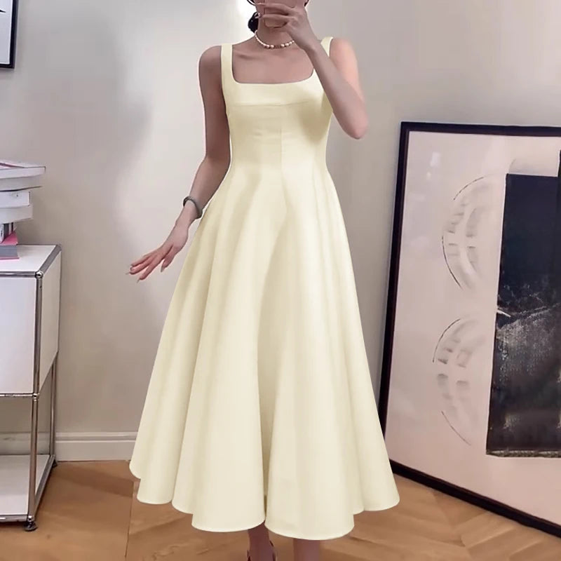 ZANZEA Women Sleeveless Tank Dress Vintage Solid A-line Dresses 2024 Summer Holiday Waisted Robe Casual Square Collar Midi Robe