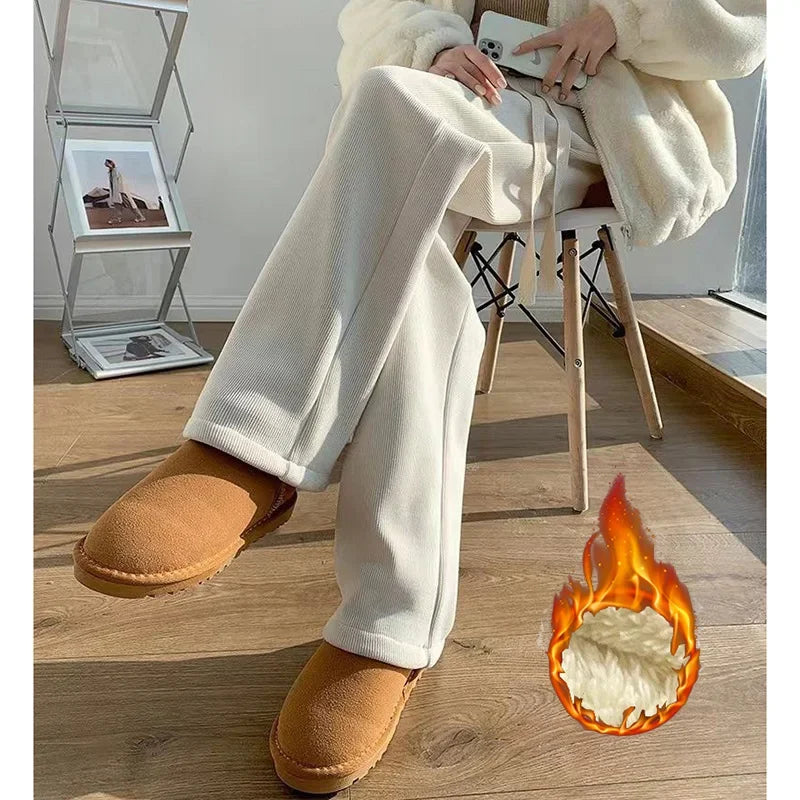 Winter Female Classic Designer Pants Girls Fleece Thermal High Waist Pants Lady Korean Snow Warm Straight Leg Plush Trousers