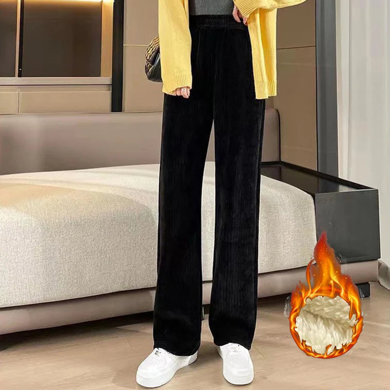 Winter Female Classic Designer Pants Girls Fleece Thermal High Waist Pants Lady Korean Snow Warm Straight Leg Plush Trousers