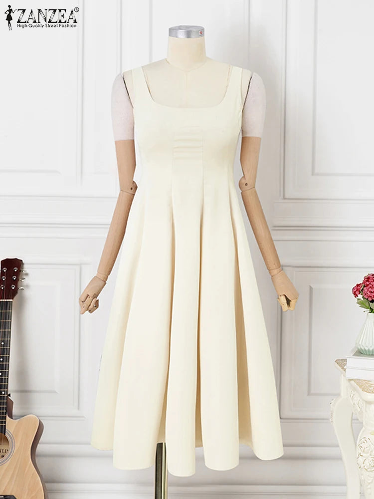 ZANZEA Women Sleeveless Tank Dress Vintage Solid A-line Dresses 2024 Summer Holiday Waisted Robe Casual Square Collar Midi Robe