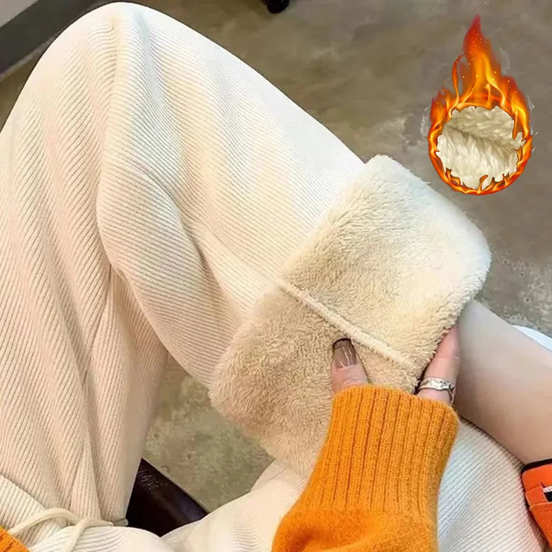 Winter Female Classic Designer Pants Girls Fleece Thermal High Waist Pants Lady Korean Snow Warm Straight Leg Plush Trousers