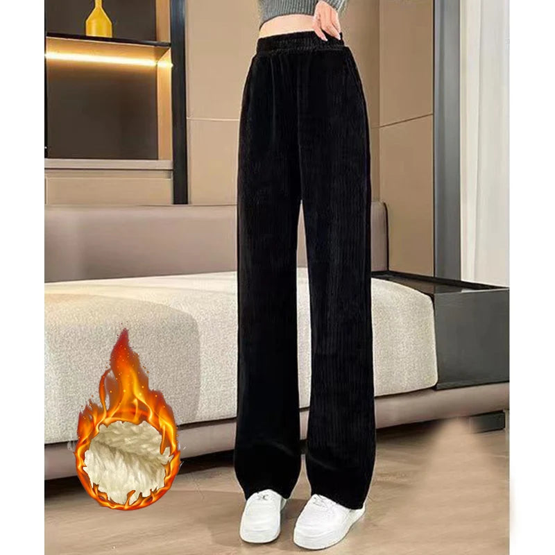 Winter Female Classic Designer Pants Girls Fleece Thermal High Waist Pants Lady Korean Snow Warm Straight Leg Plush Trousers