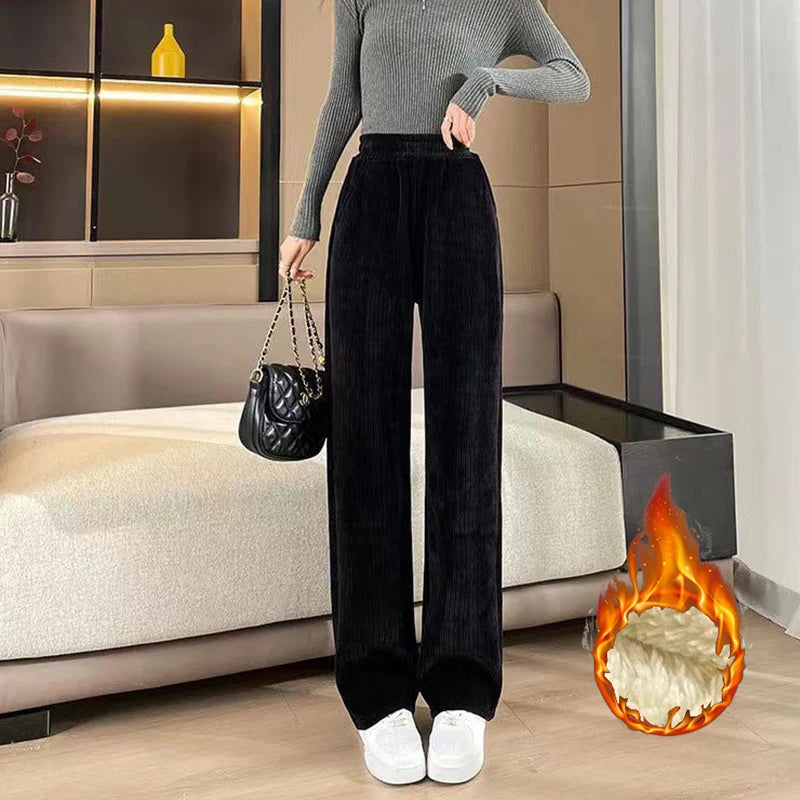Winter Female Classic Designer Pants Girls Fleece Thermal High Waist Pants Lady Korean Snow Warm Straight Leg Plush Trousers
