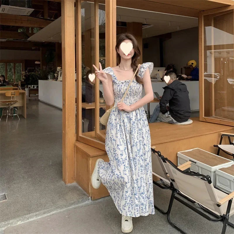 Summer Fresh French Style Sleeveless Dress Soft Backless Slim Fit High Waist Appears Slim Long Dress Women
