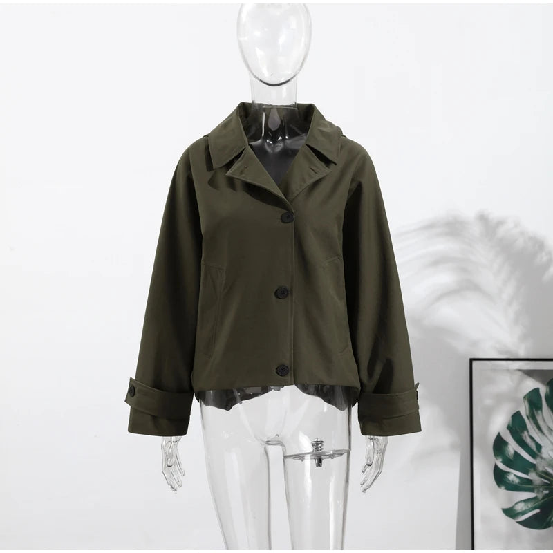 Women's Casual Hooded Short Trench Coat Lapel Single-Breasted Full Sleeve Loose Jacket Autumn 2025 Street All-match Outerwear
