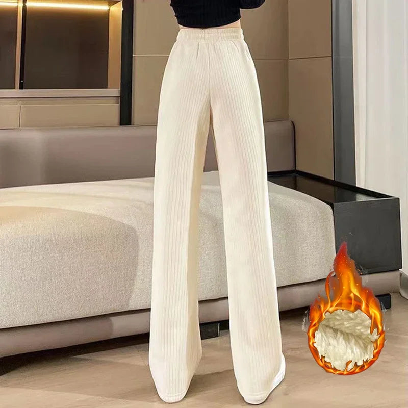 Winter Female Classic Designer Pants Girls Fleece Thermal High Waist Pants Lady Korean Snow Warm Straight Leg Plush Trousers